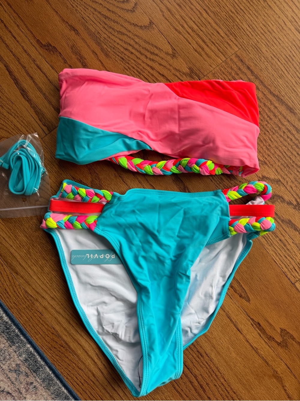 Colorblock Braided Strap Bikini Set in Pink and Turquoise